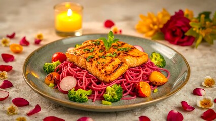 Gourmet Grilled Salmon with Pink Noodles, Vegetables, and Romantic Ambience