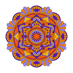 Vector mandala isolated on white background. Ornament card with mandala on blue and orange colors. Oriental pattern, vintage decorative element for design