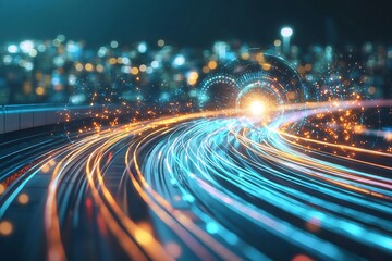 Particle collision inside the Large Hadron Collider visualized as swirling trails of colored light and quantum sparks data streams in holographic form futuristic lab glowing with scientific intensity