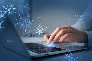 Obraz premium Digital World Touch: A person's hand gently interacts with a sleek laptop keyboard, with a network graphic floating in the background, symbolizing technology, digital age.