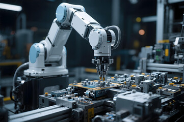 Robotic arm assembling components in high-tech factory