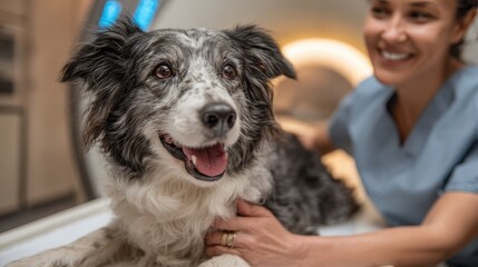 Happy dog is being petted by a smiling vet during an examination. Use to illustrate pet healthcare or veterinary medicine practices.