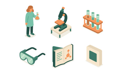 Isometric laboratory tools and scientist illustration for educational use