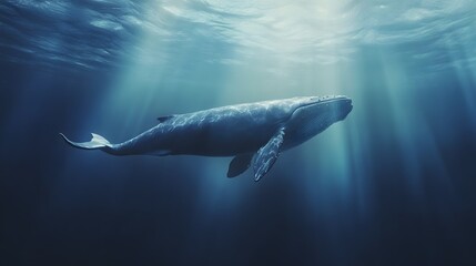 Fototapeta premium Digital illustration of a whale gracefully swimming in deep, blue ocean water with sunlight streaming above.
