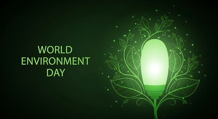 World Environment Day concept with a glowing green energy plant lightbulb.