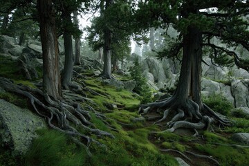 Misty forest with exposed tree roots