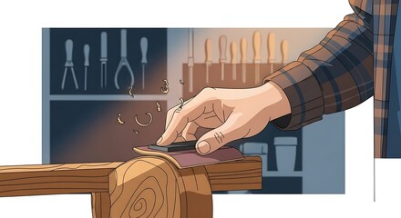 A craftsman carefully sands a curved piece of wood in a workshop filled with tools.