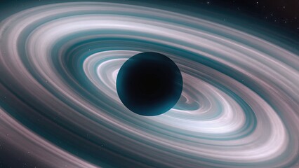 Colorful cosmic phenomenon showcases a dark planet surrounded by vibrant rings in deep space
