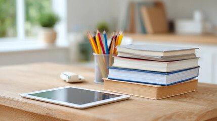 A bright workspace featuring stacked books, colorful pencils in a cup, and a tablet on a wooden desk for productive studying.