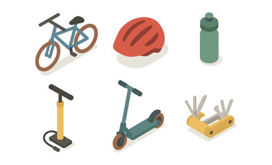Isometric cycling gear and accessories set with scooter and helmet