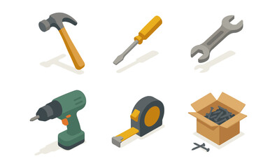Isometric tools collection: hammer, screwdriver, wrench, drill, tape, and nails box
