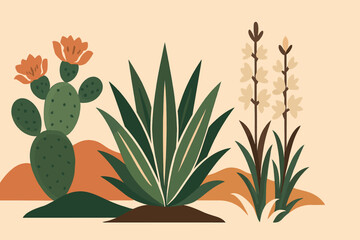 Minimalist vector illustration of desert plants including cactus, agave, and yucca in earthy tones, evoking a warm southwestern and botanical aesthetic