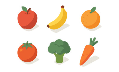 Colorful isometric fruits and vegetables set for healthy eating concepts