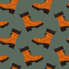Boots seamless pattern. Hand drawn vector flat illustration, autumn-winter clothing design, stylish seasonal clothing, modern repeating textile print.