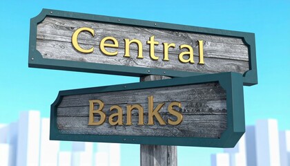 Wooden signpost with "Central Banks" against a blue sky and blurred buildings in the background.