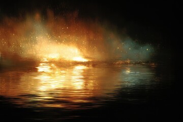 Fiery explosion reflected in still water