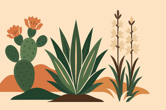 Minimalist vector illustration of desert plants including cactus, agave, and yucca in earthy tones, evoking a warm southwestern and botanical aesthetic