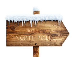Hand-Painted Wooden North Pole Sign with Snow and Icicles, Side Angle, Isolated PNG
