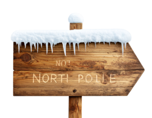 Hand-Painted Wooden North Pole Sign with Snow and Icicles, Side Angle, Isolated PNG