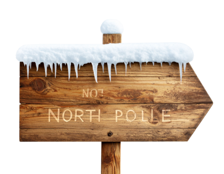 Hand-Painted Wooden North Pole Sign with Snow and Icicles, Side Angle, Isolated PNG