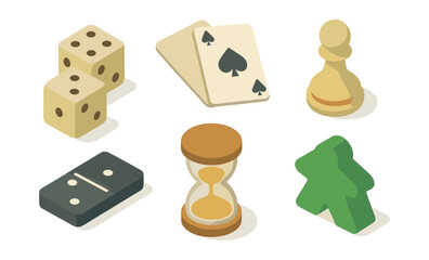 Isometric game tokens collection: dice, cards, and more for board game design