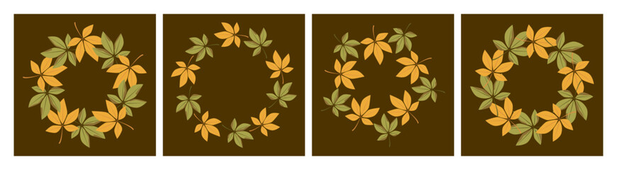 Four circular wreaths made of autumn leaves on a dark background. The leaves are in shades of yellow and orange, creating a seasonal decoration