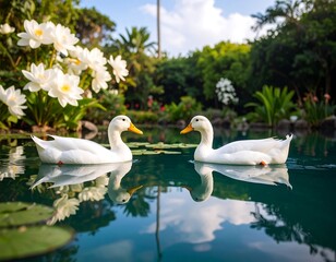 Obraz premium Two white ducks in a tranquil pond, surrounded by lush greenery and white lotus flowers