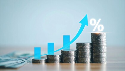 Stacked coins with a rising graph and percentage symbol depict financial growth.