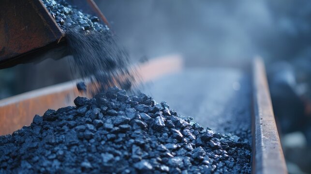 Mid-action frame of coal tumbling off conveyor onto mound with airborne dust and debris