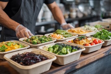 A chef arranges healthy meals in takeout containers for food service. Showcase fresh, convenient options for healthy eating on the go.