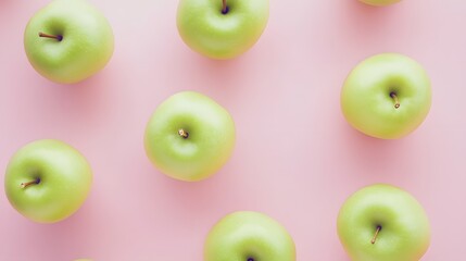 Photograph of six green apples arranged on a pink background in a flat lay composition.