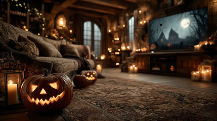 Fototapeta premium A cozy Halloween living room with glowing pumpkins, candlelight, and dark ambiance, perfect for festive celebrations and gatherings.