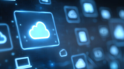 A digital background showcasing cloud computing icons in a futuristic interface, symbolizing data storage and connectivity.