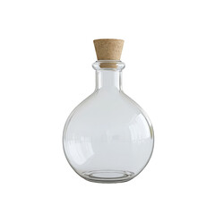 Elegant glass flask with a cork stopper, showcasing its clear, sleek design and smooth contours, perfect for decor or laboratory use on transparent background.