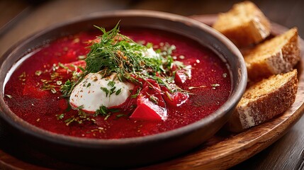 Traditional borscht garnished with herbs and sour cream comes with crispy toasted bread on a rustic wooden plate.

