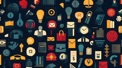 Digital illustration of a complex, multifaceted pattern composed of various flat, colored icons and symbols.