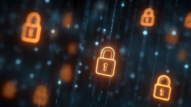 A digital representation of security with orange padlock icons against a dark background, symbolizing data protection and cybersecurity.