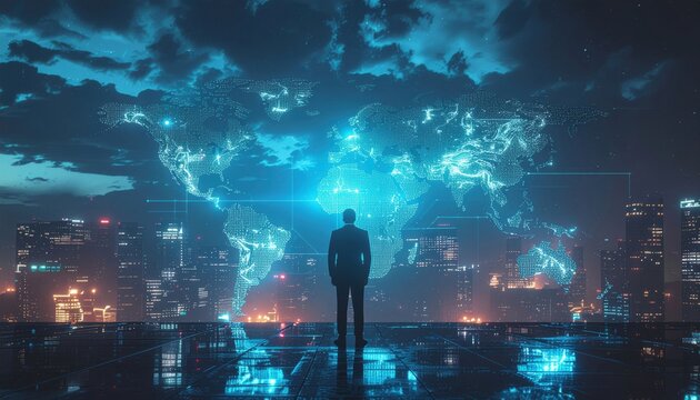 A man stands on a rooftop overlooking a futuristic city with a glowing world map in the sky.