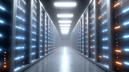 A futuristic data center corridor showcasing rows of illuminated server racks, highlighting modern technological advancements.