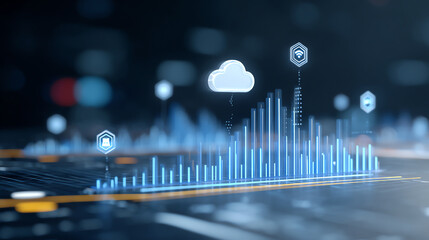 A futuristic data visualization featuring cloud computing, graphs, and digital analytics in a modern interface.