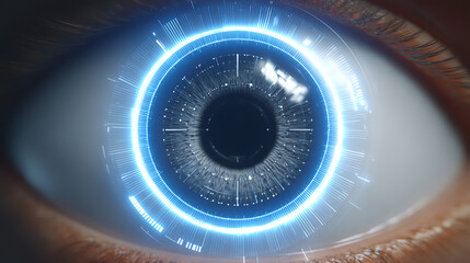A futuristic depiction of a human eye integrated with digital technology, showcasing advanced data processing and connectivity.