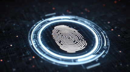 A futuristic digital fingerprint on a tech-inspired background, representing security and identification in modern technology.