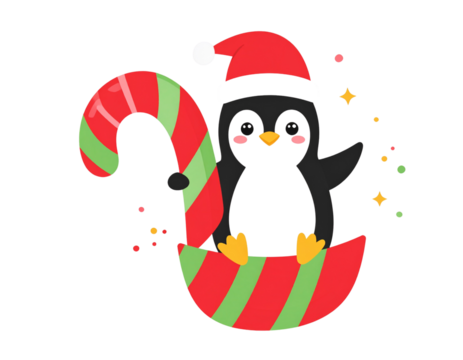  Penguin in Santa Hat Riding a Giant Candy Cane Like a Sleigh, Diagonal Dynamic Pose, Isolated - Powered by Adobe