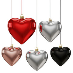 Hanging heart ornaments in various colors isolated on transparent background