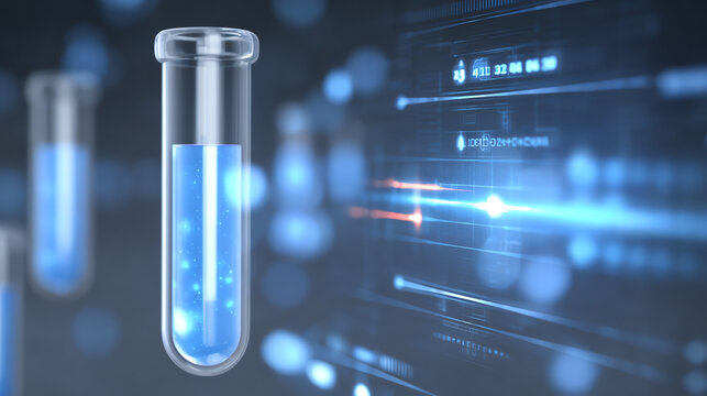 A futuristic laboratory scene showcasing test tubes filled with glowing blue substances against a digital backdrop. - Powered by Adobe