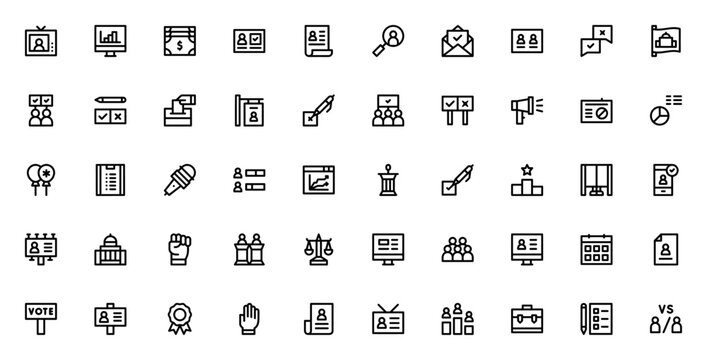 Voting elections icon set. Political vector symbols pack. Includes TV show, bar chart, vote, candidates, flag, microphone, ballot, campaign, government, debate and more. Editable stroke.