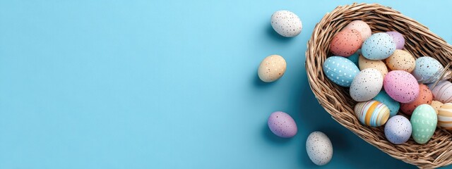 Colorful Easter eggs in a woven nest on a light blue background