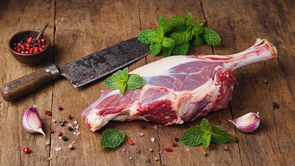 Freshly cut lamb leg on wooden table with herbs and spices arranged for preparation