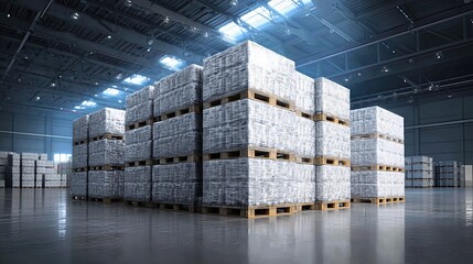 A pallet stacked with wrapped food products stands neatly in the organized space of a warehouse.

