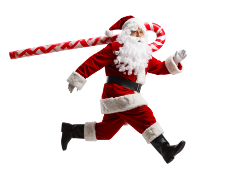 Santa Claus Running with a Giant Candy Cane, Diagonal Composition, Isolated - Powered by Adobe